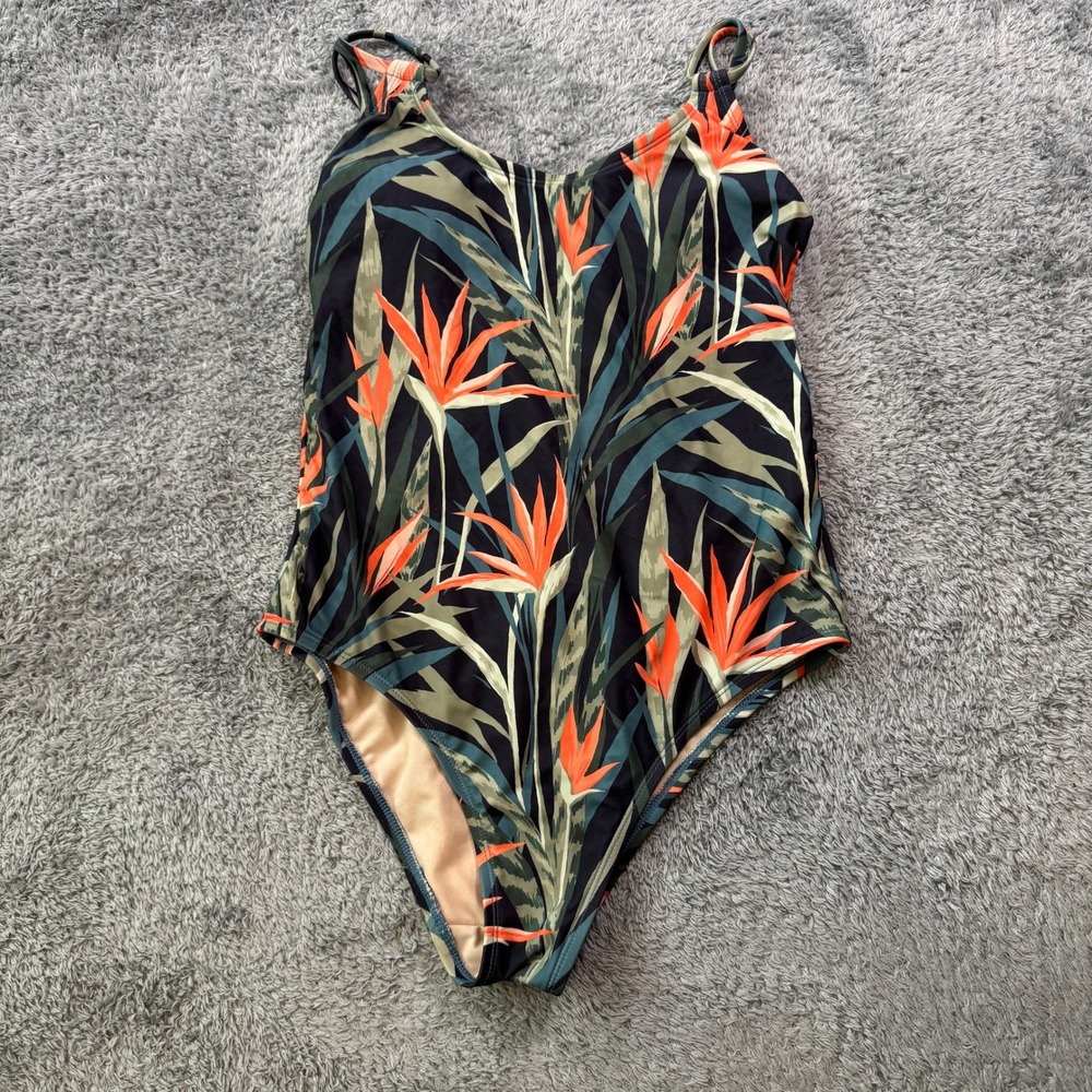 Kona Sol Womens Tropical Floral One Piece Swimsuit Medium Black Bird of Paradise
